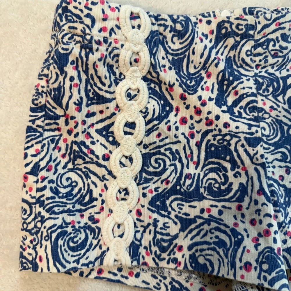 Lilly Pulitzer Girls Blue White starfish Print Shorts with Crochet Trim Size 7